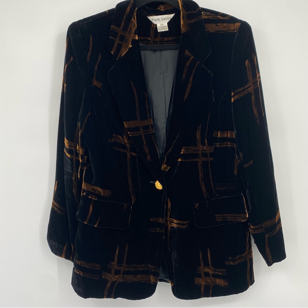 PAOLO SANTINI WOMENS VELVET BLACK AND BRONZE VINTAGE SILK BLEND BLAZER SIZE 10